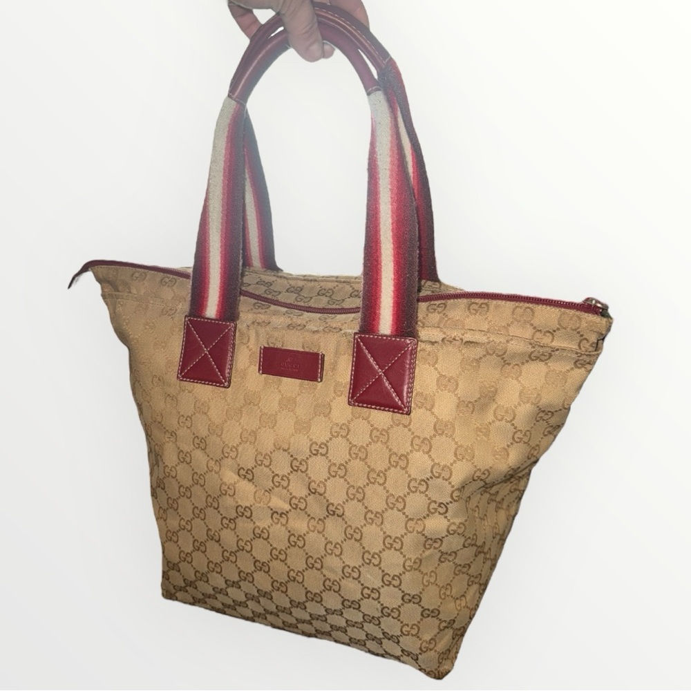 Gucci Tote Bag Sherry Line Cream Tan Gold and Red Monogram GG Supreme Zip Top - Picture 6 of 16